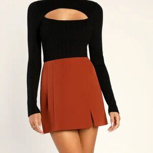 Lulu's - Greeting the Season Rust Brown High-Waisted Mini Skirt (Medium)